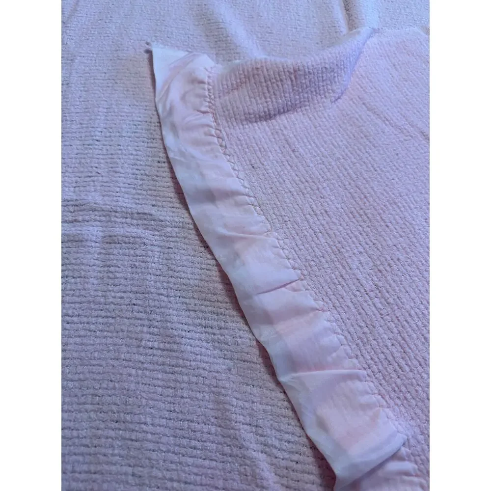Vintage Pink Twin Blanket Satin Trim Lightweight Bed Blanket 72x60 Cottage Cozy